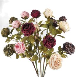 ONE Fake Flower Long Stem Autumn Rose (5 Heads/Piece) 26" Length Simulation Burnt Edge Roses for Wedding Centerpieces