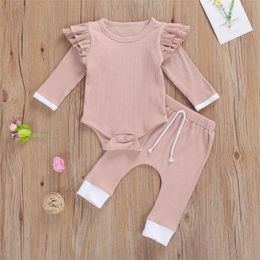 Clothing Sets 0-24 Months Baby Girls 2 Pieces Outfit Born Knit Ruffle Long Sleeve Solid Color Romper Pants Fall Winter Basic Warm SuitClothi