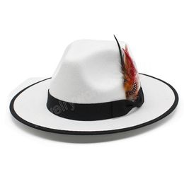 Fedora Hats for Women Wide Brim Feather Decorate Men Church Jazz Hat Gangster Trilby Felt Hat