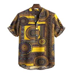 Cotton Men's Shirt Ethnic Print Vintage Short Sleeve Streetwear Tops Tess Loose Male Beachwear Holiday Hawaiian Shirts 220322