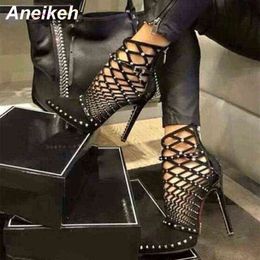 Aneikeh Gladiator Roman Sandals Summer Rivet Studded Cut Out Caged Ankle Boots Stiletto High Heel Women Sexy Shoes Pumps 220421
