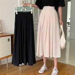 Y2KA-line Pleated Skirt Women's Summer Black Green Elastic High-waisted Midi Long Simple Saia Mujer Faldas 220317