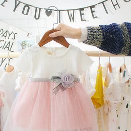 Girl's Dresses Cute Little Girls Dress Summer Rose Flower Princess Mesh Short Sleeve Round Neck Infant Baby ClothingGirl's