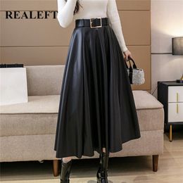 REALEFT Autumn Winter PU Leather mi-long Women's Skirts with Belted High Waist A-line Skirt Mid-calf Umbrella 220317