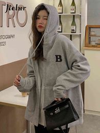 Jielur Waffle Double Layer Hooded Sweatshirt Women Loose Zipper Thin Jacket Women Hoodies Letter Print Cool Top Gray Streetwear Y220810