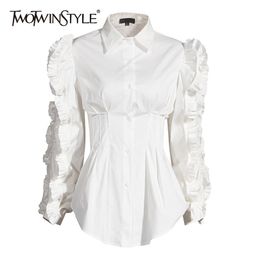 TWOTWINSTYLE Patchwork Ruffle Black Shirt For Women Lapel Long Sleeve High Waist Tunic Casual Blouse Female Fashion Fall 201201