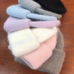 Cokk Rabbit Fur Winter Hats For Women Knitted Hat Soft Warm Fluffy Hats Female Bonnet Woman Girls Knit Baggy Cap 2022 Fashion J220722
