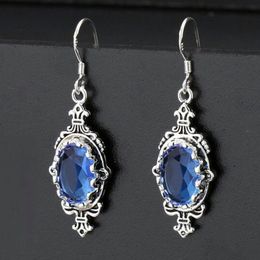 Dangle & Chandelier Vintage Ethnic Style Ladies Women's Silver Color Blue Oval Crystal Rhinestone Zircon Metal Earrings For Party Jewelr