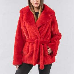 Women's Fur & Faux Trendy Red Genuine Coat With Belt Slim Women Natural Full Pelt Real Jacket Turn-down Collar OutwearWomen's Women'sWomen's