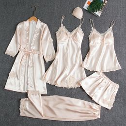 Female 5-Piece Pajamas Set Nightwear Satin Pyjamas Lace Patchwork Bridal Wedding Gift Silky Homewear Nightgown Robe Suit L220803