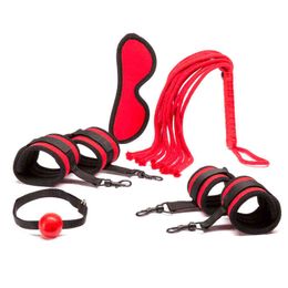 Nxy Sm Bondage 5pcs set Red Hot Passion Bedroom Handcuffs Restraints Kit Erotic Adults Bdsm Toys Ankle Cuffs&flogger&blindfold&ball Gag 220426