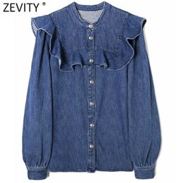 Zevity Women Vintage O Neck Ruffles Denim Blouse Office Ladies Long Sleeve Breasted Business Shirt Chic Femme Blusas Tops LS7384 210603