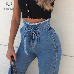 Women Fashion Sexy Crop Pants Ladies Plus Size Casual Belted High Waist Loose Jeans Female Stretch Denim Trouser Joker New T200113