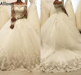 Arabic Aso Ebi Princess Ball Gown Wedding Dresses With Long Sleeves Lace Appliqued Plus Size Bridal Gowns Bateau Corset Back Formal Brides Vestidos De Novia CL0864