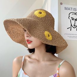 Women Summer Woven Straw Sun Hat Sweet Daisy Flower Embroidery Wide Brim Sunscreen Vacation Travel Foldable Beach Cap Hats Elob22