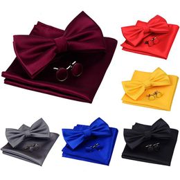 Men Bowtie Cufflinks Cravat Set Solid Butterfly Ties For Man Handkerchief Party Gifts Mens Wedding Dress Necktie Accessories