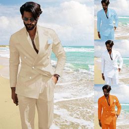 Men's Suits & Blazers Summer Men Suit 2 Piece Beige Linen Beach Double Breasted Blazer Custom Slim Fit Groom Man Wedding Tuxedo Jacket Pants