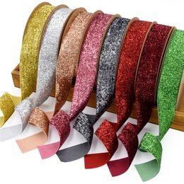 2.5cm Stage Decoration Material Gold and Silver Flocking Ribbons Shiny Silk Non-playing Color Ribbons 10 Meters 1222829