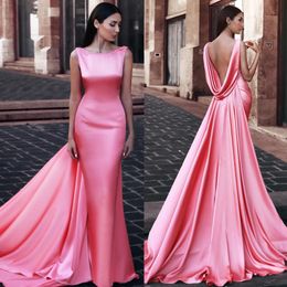 Stunning Mermaid Backless Prom Dresses Bateau Neckline Evening Gowns Open Back Sweep Train Satin Formal Dress