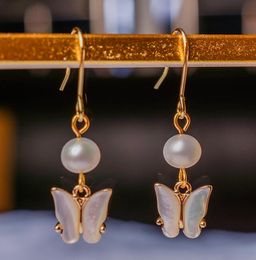 14k Gold plated butterfly Crystal Ear hook Dangle & Chandelier natural Freshwater pearl Earrings white Lady/girl wedding Fashion jewelry