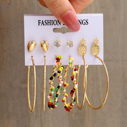 6 Pairs Women Vintage dangle Colourful Beads Large Hoop Earrings Set Creative Simple Pineapple ear studs Jewellery