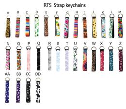 Neoprene Wristlet Keychain Colourful Printed Wrist Key Belt Sunflower Strip Leopard Lanyard Key Ring Keychains Bag Pendent