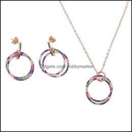 Rose Gold Colour Double Round Circle Mix Colorf Cz Women Classic Jewellery Top Quality Latest New Design Necklace Earring Setsuit Drop Delivery
