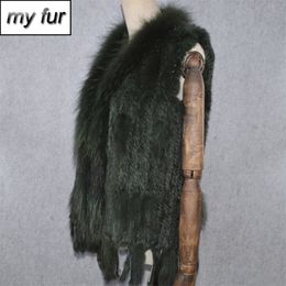 Party Women Real Rabbit Fur Vest Knitted Tassels Real Genuine Rabbit Fur Gilet Real Raccoon Fur Collar Waistcoat 201016