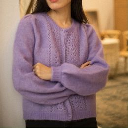 Women Mohair Solid Colour Knit Cardigan Long Puff Sleeve Hollow out Single Breasted Knitwear Sweater Jacket 2020 Spring Autumn LJ201113