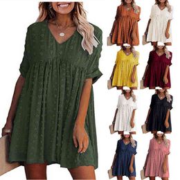 Maternity Dresses Summer Casual Solid Short Sleeve Fashion Chiffon Wool Ball V Neck Pregnant Women Dress Photoshoot Clothes G220309