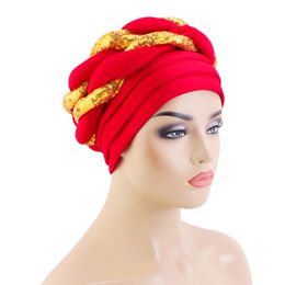 New African Sequin Braid Turban Auto Geles Aso Okefor Headtie Women Pleated Beanie Headwrap Designer Bonnets Hair Accessories