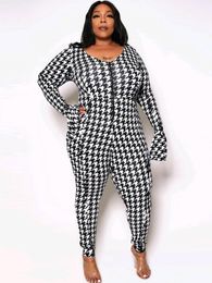 Women's Plus Size Pants 5XL Skinny Jumpsuits Women Long Sleeve Playsuits Autumn Fashion Houndstooth Print Casual Pencil JumpsuitWomen's