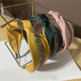 New Fashion Women Hairband Wide Side Cross Knot Headband Shining Rhinestone Chain Headwear Solid Hair Accessories Wholesale