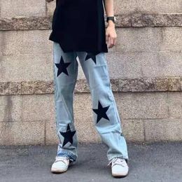 Men's Jeans Hole Five Stars Embroidery Washed Retro Male Harajuku Loose Straight Oversize Casual Denim TrousersMen's