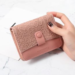 Wallets Flowers Lace Wallet For Ladies Short Zipper Two-fold Money Pockets Small WOmen Card Holder With Soft Leather Carteras Para MujerWall