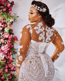 Plus Size arabic Mermaid Wedding Dresses with detachable train Long Sleeves lace-up corset Beaded african Bridal Gowns Sweep Train240y