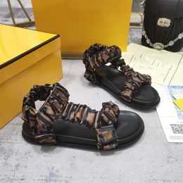 Women Brown satin sandals Designer sandal Flat Slipper Casual Shoes Print stretch satin embellished Shoes Girls Summer Slippers With Box NO349