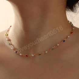 Boho Simple Imitation Pearl Coloured Crystal Stitching Clavicle Choker Necklace Women Gold Metal Collar Girls Fashion Jewellery Gift