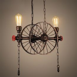 Retro Chandelier Industrial Restaurant Bar dining room American Iron Wheel droplight Water Pipe pendant lamp 220705