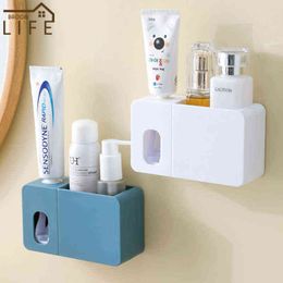 Multifunctional Bathroom Racks Toothpaste Dispenser Squeezer Automatic Toothbrush Rack Wall Mounting PunchFree Toilet Accessories J220702