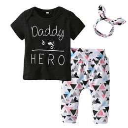 3Pcs born Baby Girl Summer Clothes Set Toddler Short Sleeve Outfit Letters T-shirt+Print Pants+Headband for 1-2y 220507