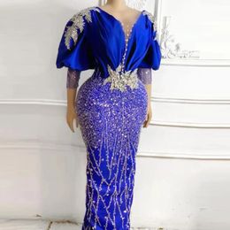 Royal Blue Mermaid Prom Dresses Sheer neck Appliques Beads Puffy 3/4 Long Sleeves Plus Size Evening Dress For African Women Party Gown