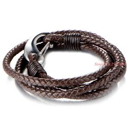 Link Chain Charm Brown Bracelets With Double Layered Leather Ropes Stainless Steel Bracelet For Men Fashion JewelryLink