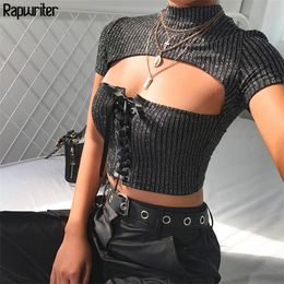 Rapwriter Skinny Cross LaceUp Hollow Out Elastic Glitter Silver Striped Tops Female Summer Short Sleeve Bandage TShirt T200617
