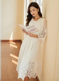 Casual Dresses Top Quality 2022 Spring Summer Dress Women Hollow Out Embroidery Half Sleeve Mid-Calf Length Silk Cotton WhiteCasual