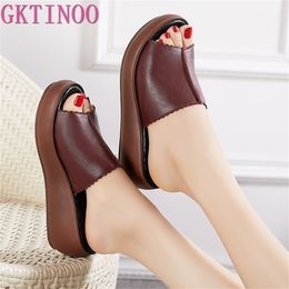 GKTI Slippers Ladies Slipper Wedges Heels Fashion Summer Genuine Leather Shoes Platform Y200423