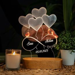 Night Lights Personalised Names Date 3D Illusion Light Heart Balloon Custom LED Lamp For Couples Bedroom Decorative Father's Day GiftNig
