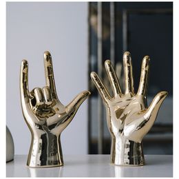 Nordic Creative Gold Plating Finger Art Sculpture Abstract Gesture Statue Ceramics Crafts Living Room Decorations For Home R3519 T200619