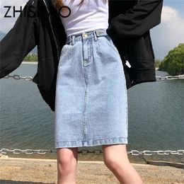 High Waist A-line Denim Skirt Women Vintage Loose Plus Size Elastic Jean Skirt Summer Straight Pencil Skirt White Black 201111