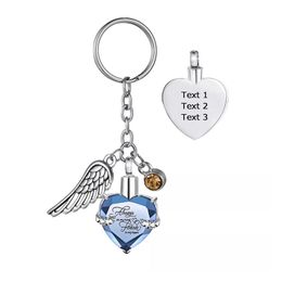 Customise Engraving Heart Birthstone with Wings Pendant Memorial Key Chain Cremation Urn for Ashes Keepsake Jewellery to Men Women